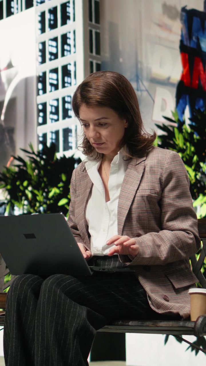 Video verticale: Allegra donna d'affari conclude le attività lavorative della giornata in un parco urbano, chiudendo il laptop.