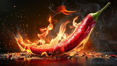 fiery red chili pepper with flames and smoke