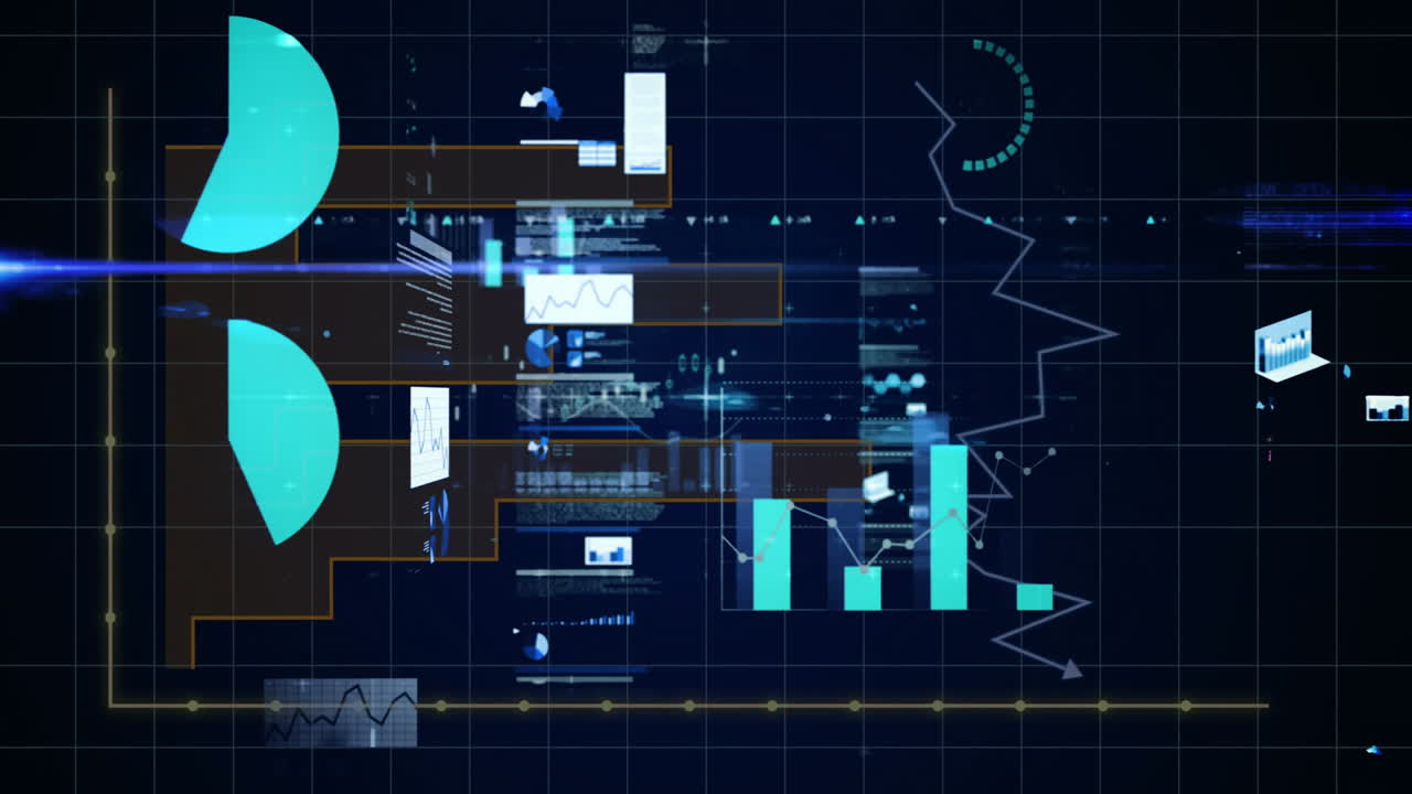 Digital animation of graphs and charts on dark grid background