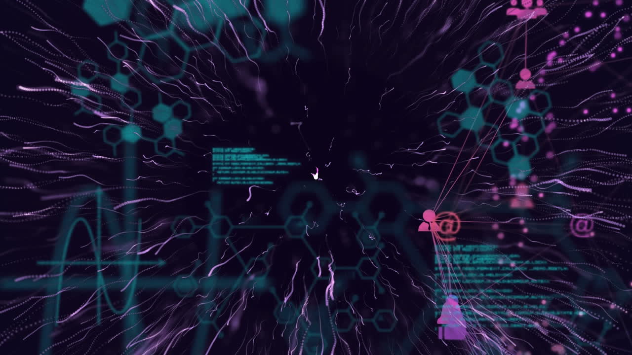 검은 바탕에 빛나는 데이터 처리 위에 불꽃놀이의 애니메이션