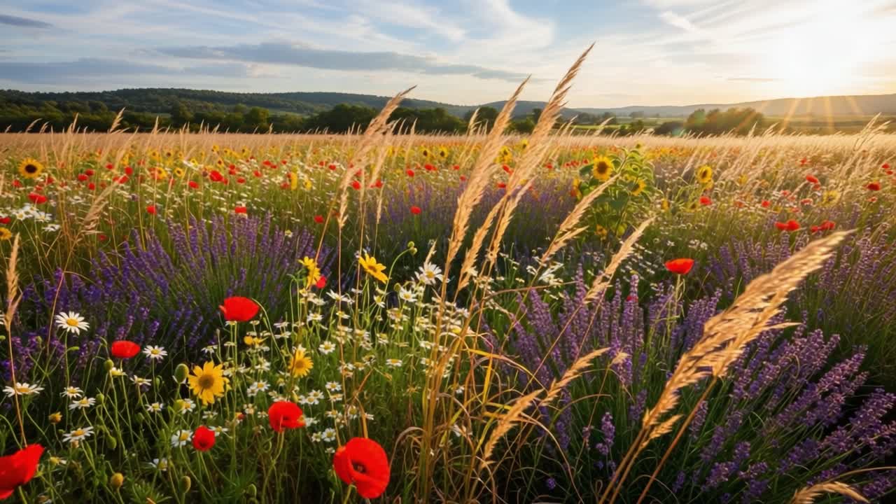 Uno splendido paesaggio di fiori selvatici in fiore sotto un cielo luminoso, accarezzato da dolci brezze e immerso nella calda luce del sole, che mostra i colori vivaci e le texture della natura.