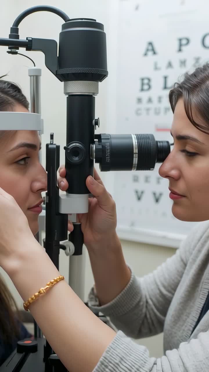 Vertical video: Reaching column, clinician right adjusting slit-lamp and observing eye, copy space