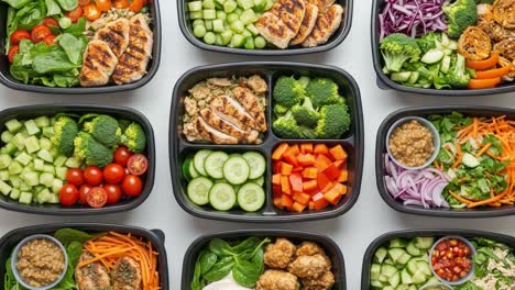colorful meal prep boxes filled with fresh vegetables, grilled chicken, and nourishing ingredients for a healthy lifestyle and balanced diet