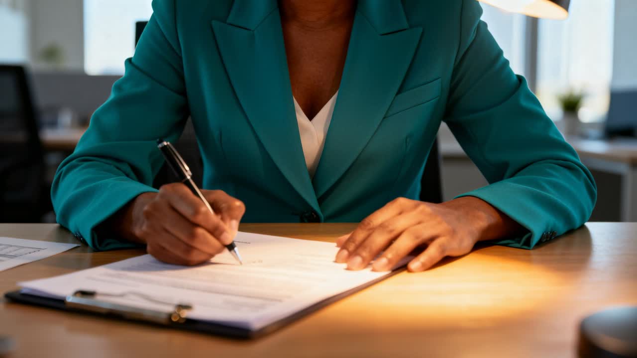 Placing pen, woman in teal blazer white blouse signing forms for work at desk with clipboard