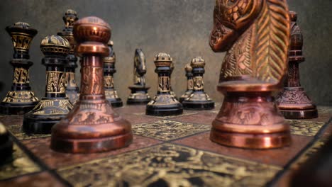 Flight-of-the-camera-between-vintage-chess.-Super-macro-close-up.