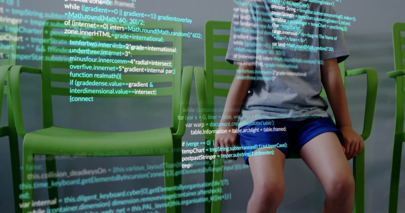 Boy moving onto green chair then standing up for coding demo with scrolling code overlay