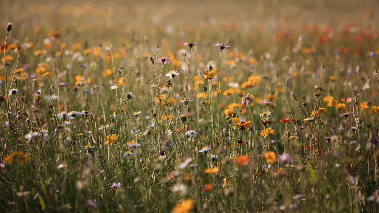 Swaying swath of wildflowers and grasses shifting in meadow under light breeze, showing seedheads