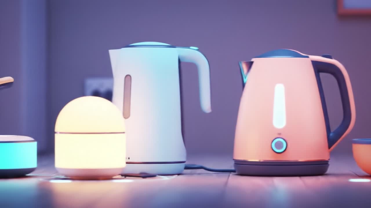 Two uniquely designed electric kettles sit on a sleek countertop ...