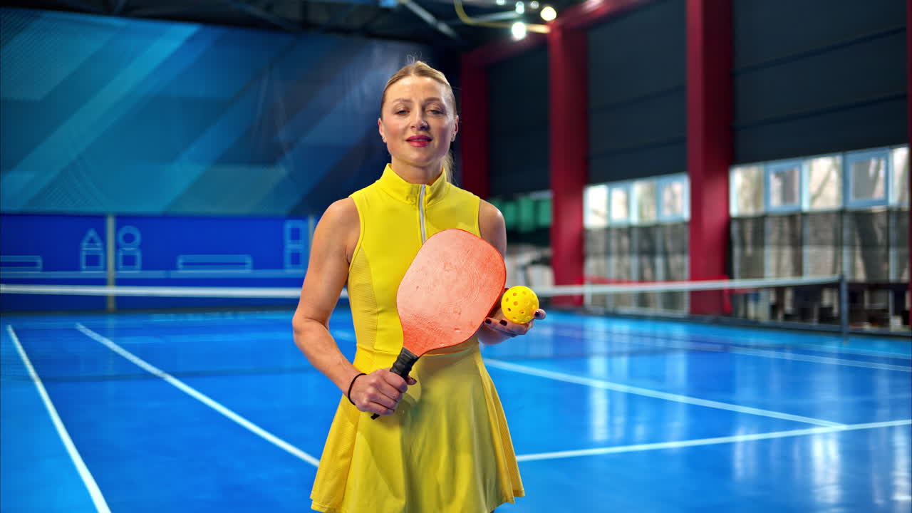 Woman in an yellow dress posing after playing pickleball on a blue, inside court