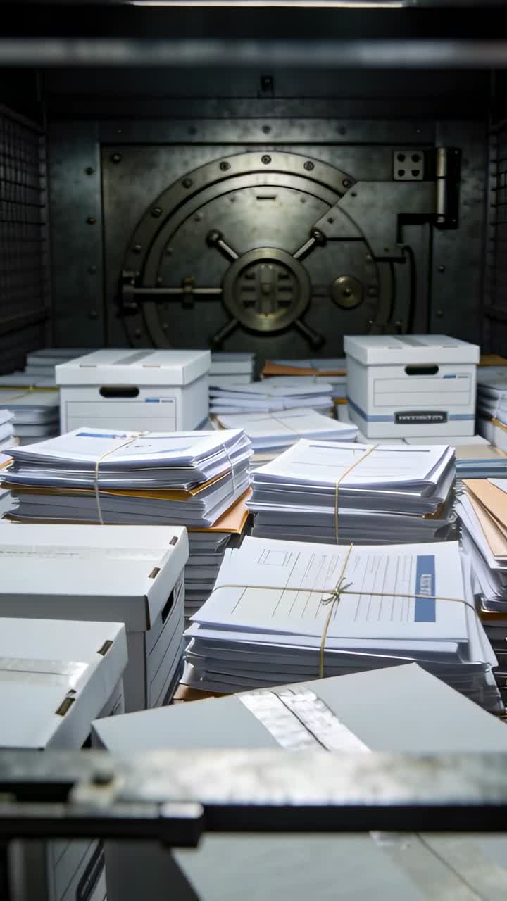 Framing document stacks and archive boxes moving toward camera in vault, showing vault door