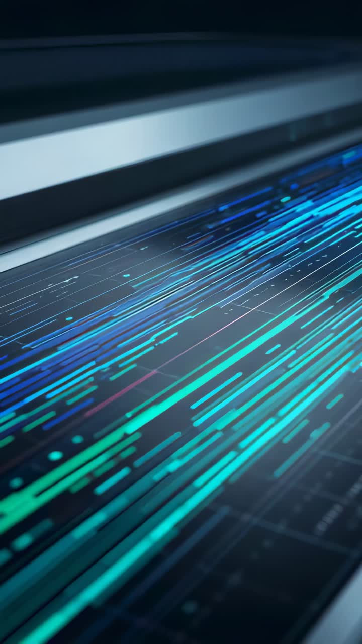 Vertical video: Moving teal streaks across grid panel on playback, with bezel and dots as data flow