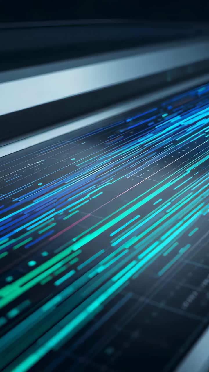 Vertical video: Moving teal streaks across grid panel on playback, with bezel and dots as data flow