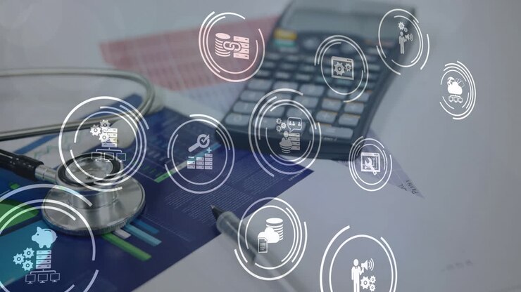 Animation of business icons over stethoscope and calculator