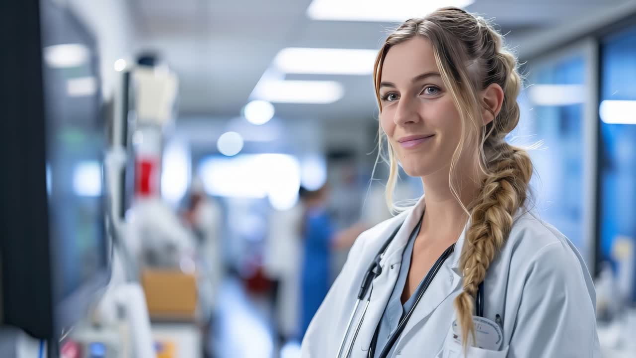 Confident young female doctor smiling in a hospital corridor, wearing a stethoscope and lab coat, surrounded by medical equipment, exuding professionalism and expertise