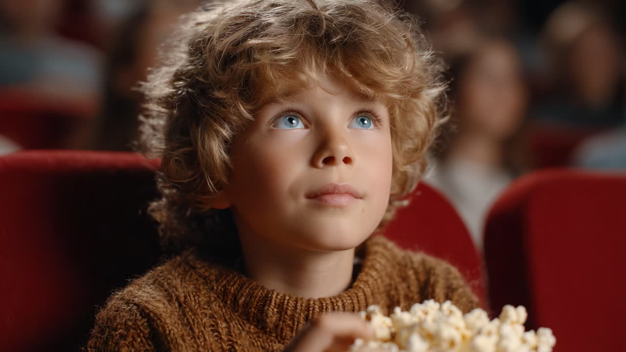 A captivated child gazes in wonder, enjoying a cinematic experience while munching popcorn in a cozy theater setting filled with excitement and anticipation