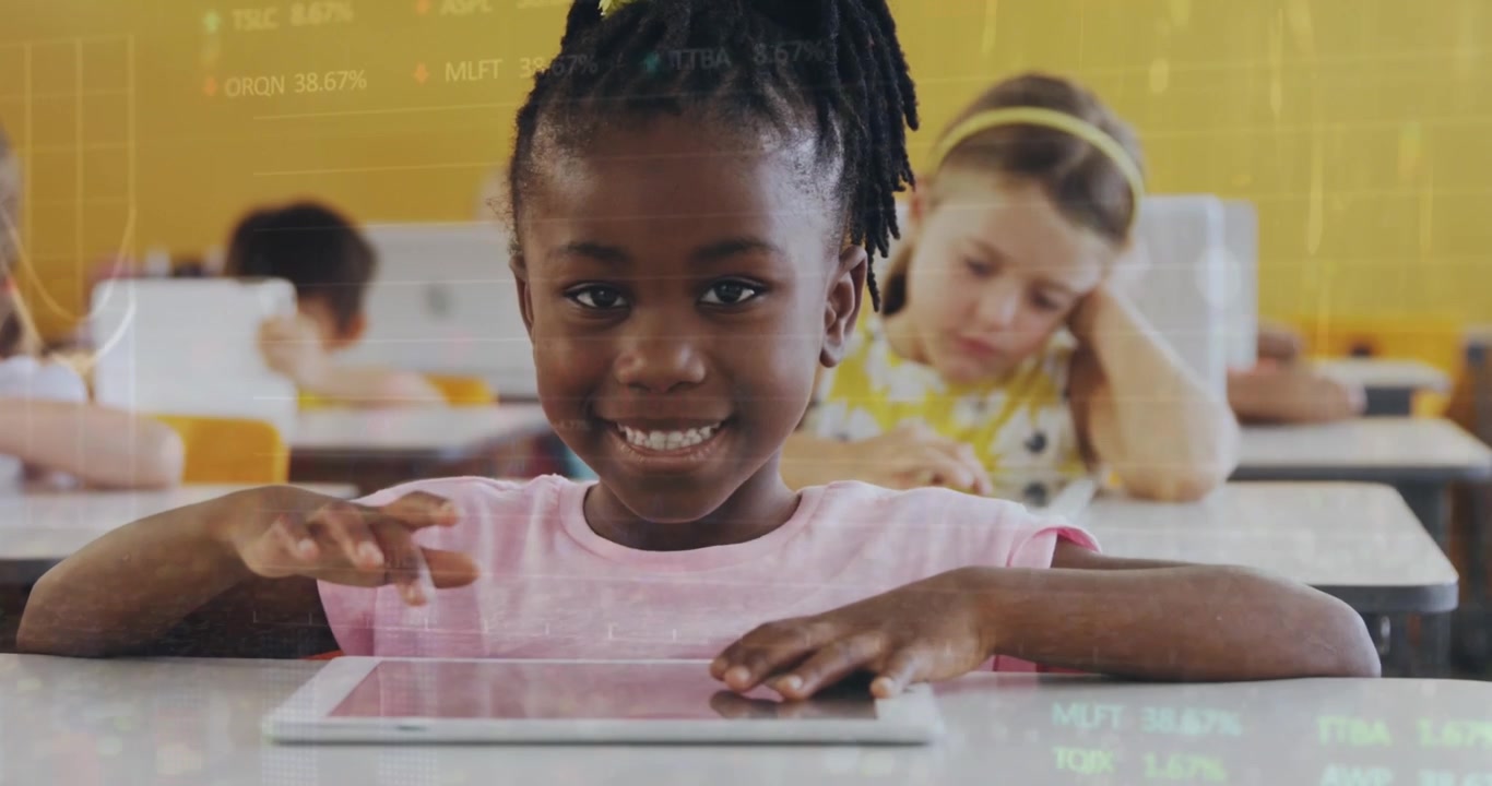 Animation of data processing over diverse schoolchildren and teacher using tablet