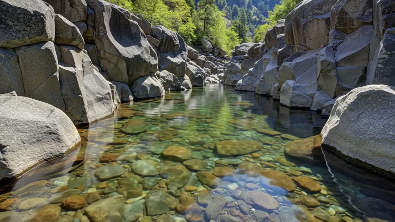 A Serene Passage Through Crystal Clear Waters Surrounded by Majestic Rock Formations and Lush Greenery, Capturing the Tranquility of Nature's Beauty