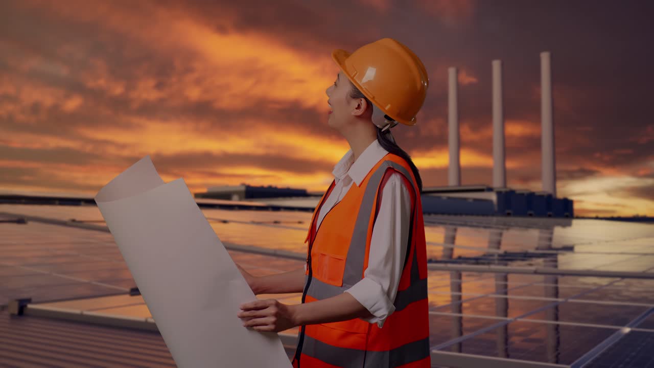 Sidebillede af en asiatisk kvindelig ingeniør med sikkerhedshjelm, der ser på en tegning i sine hænder og kigger sig omkring, mens hun står og inspicerer solpaneler på et tag ved solnedgang.