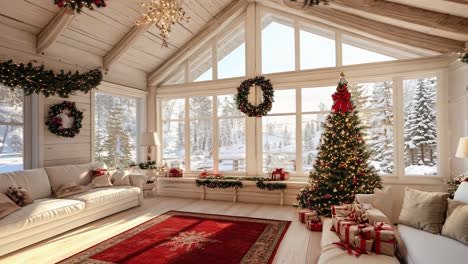 cozy christmas cabin living room with snowy mountain view