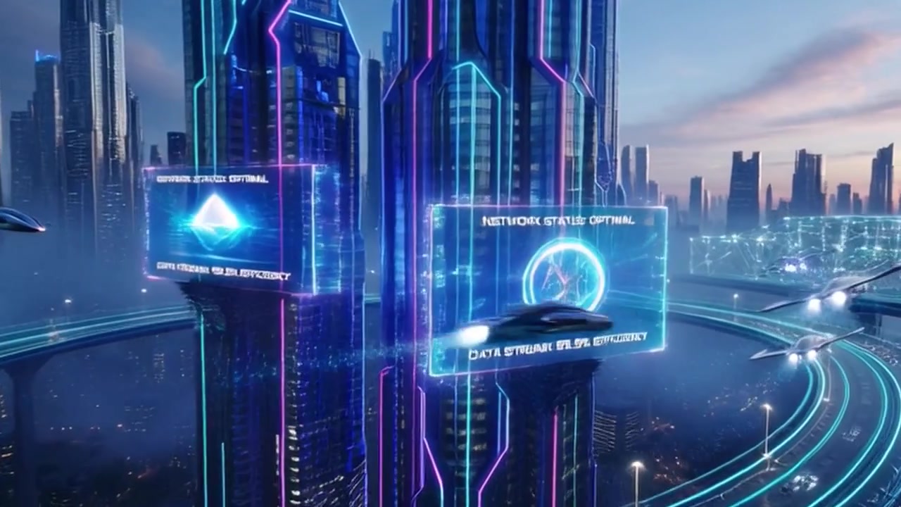 Futuristic Cityscape with Flying Vehicles and Holographic Data Displays