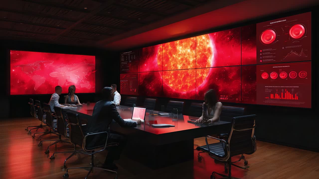 A high-tech conference room showcases advanced data visualizations with a striking red sun display, engaging a diverse group of professionals in deep discussion and analysis