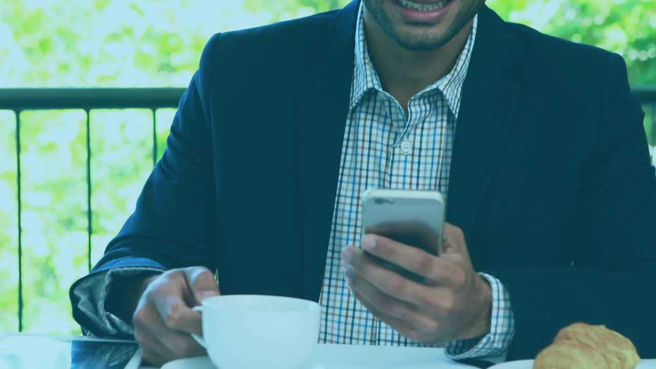 Man sipping coffee and scrolling phone on leafy patio, alerts popping, moving around him for ads