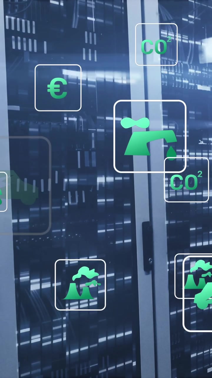 Animation of multiple icons over bars and lens flares over server room
