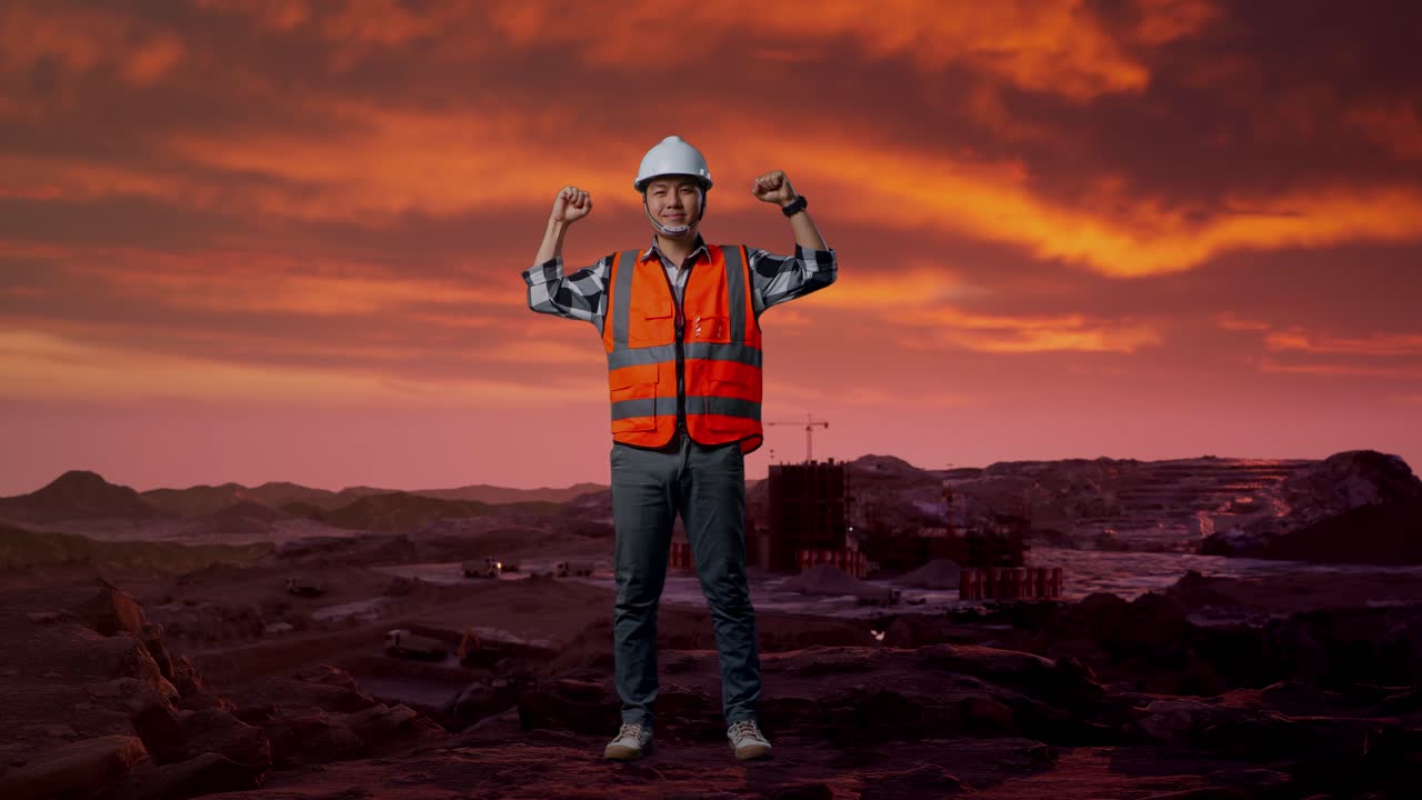 Construction Worker Celebrating Success at a Quarry Sunset