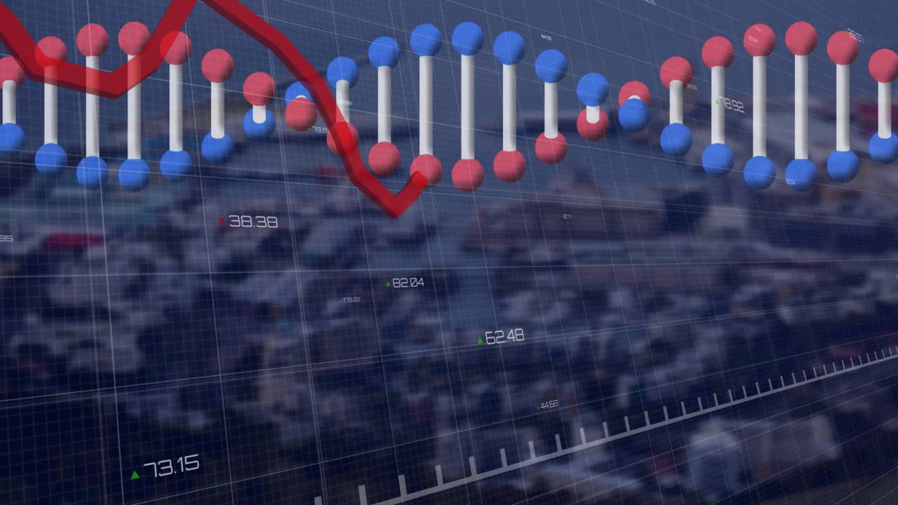 Animazione di grafici, numeri e DNA su uno sfondo scuro