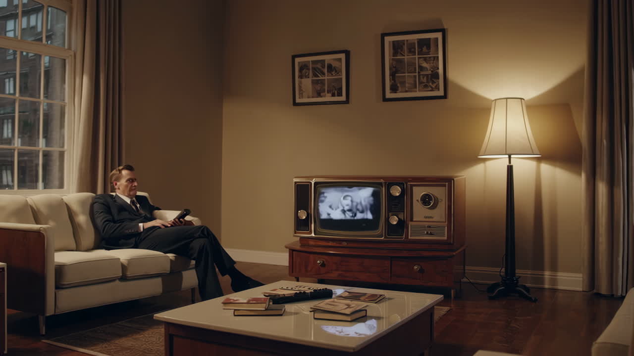 Man Watching Vintage TV and Channel Surfing in a Classic Living Room