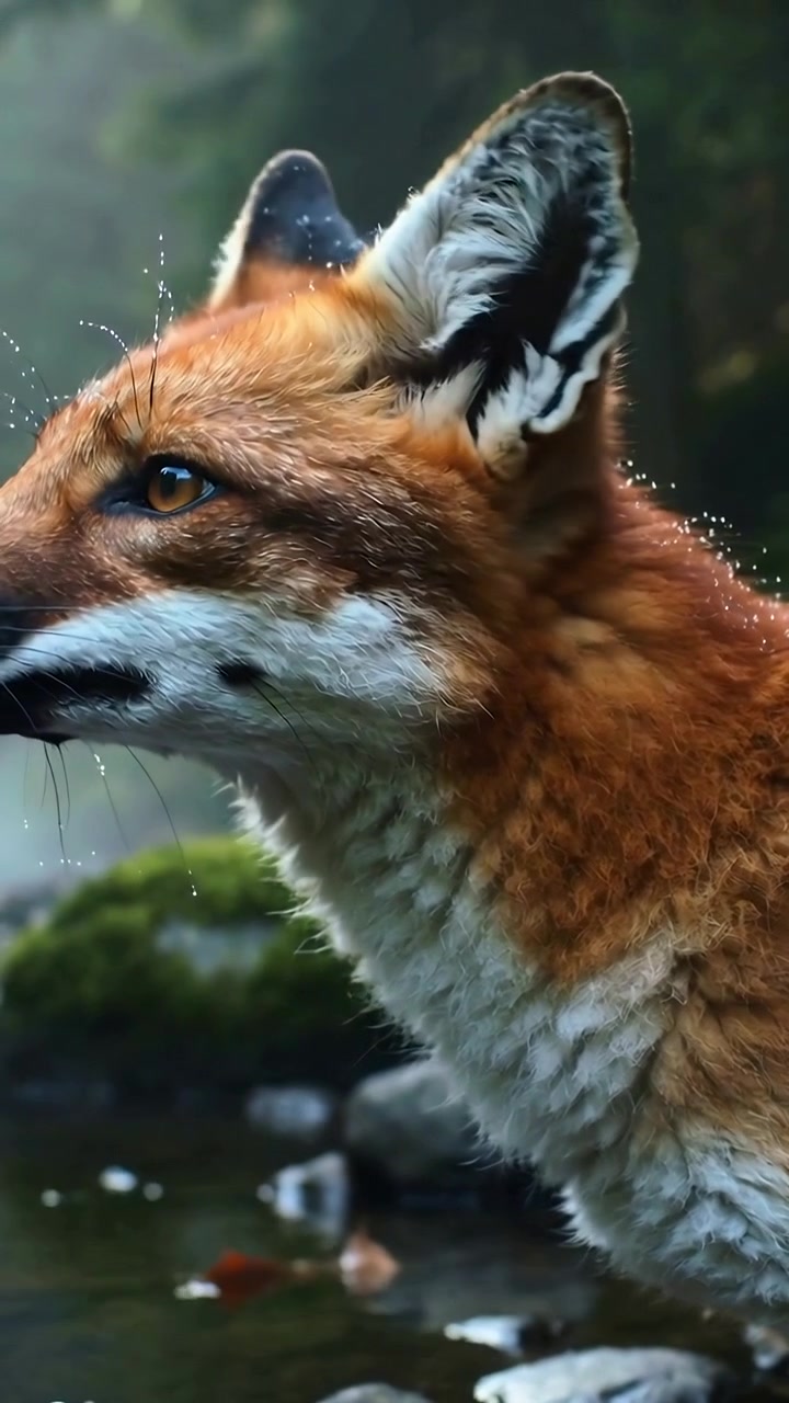 Video verticale: Volpe rossa che si scuote, facendo schizzare goccioline dalla pelliccia bagnata al bordo di un ruscello poco profondo, liberando la visuale