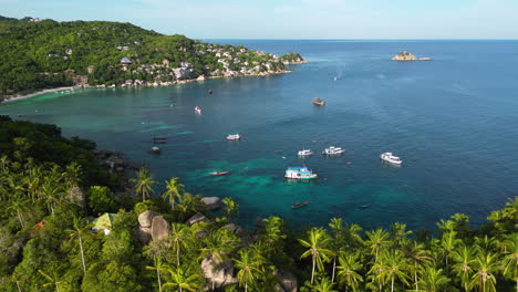 fotografía de rotación aérea que revela la bahía de tiburones y la isla de tiburón en koh tao, tailandia