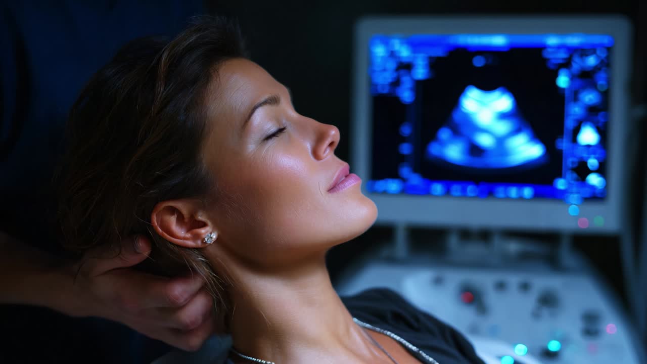 Serena attesa: una donna in un ambiente medico si sottopone a un rilassante esame ecografico, catturando la connessione emotiva e l'attesa che circondano la vita che cresce dentro di lei