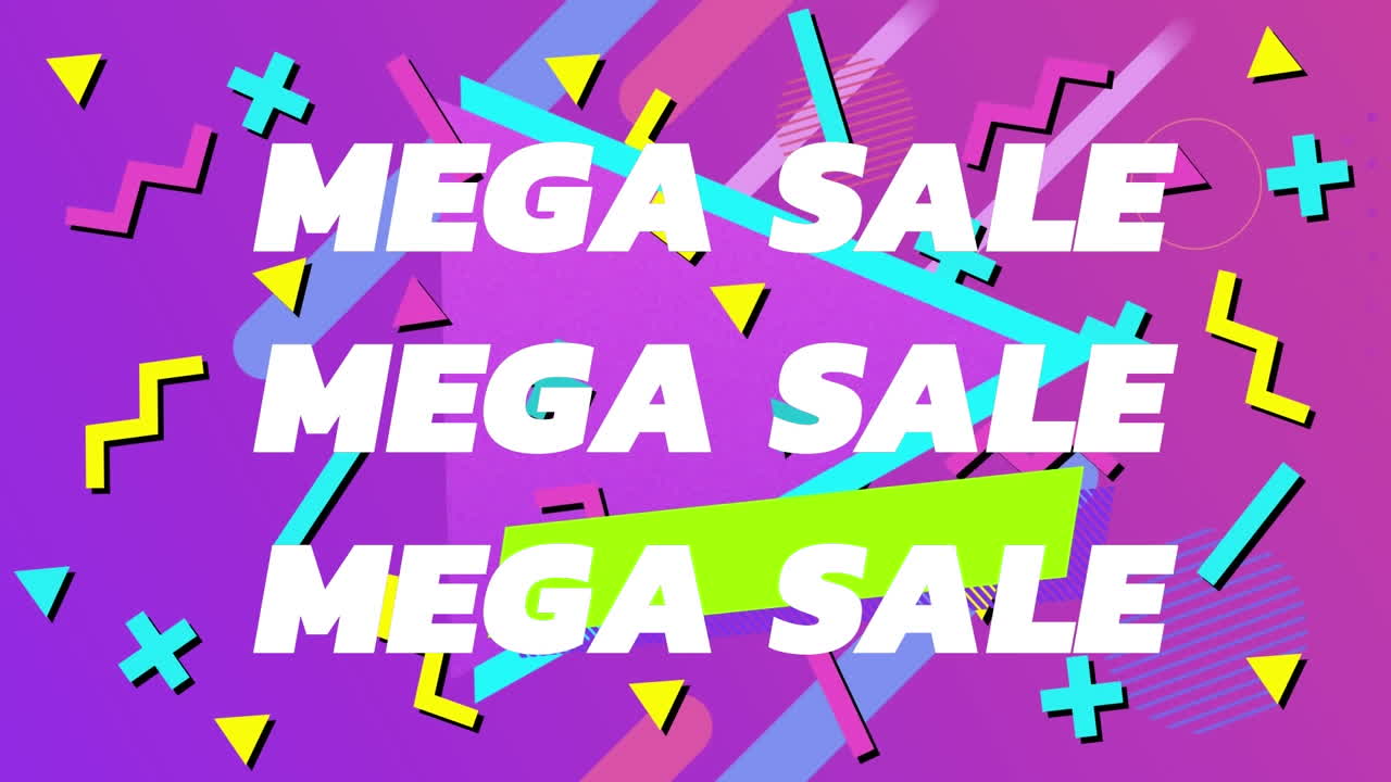 animación del texto de mega venta con símbolos matemáticos en fondo de gradiente