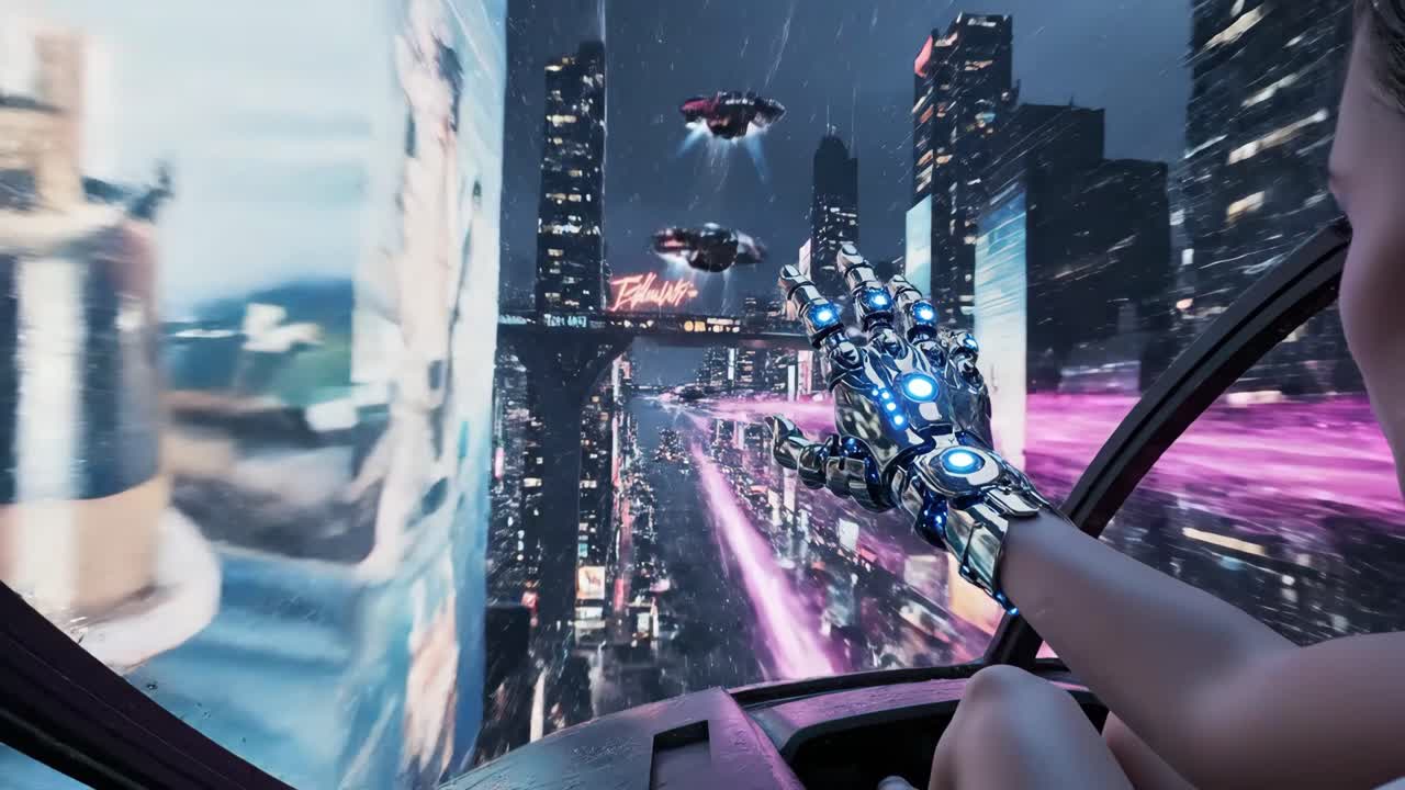 Futuristic Cityscape with Robotic Hand