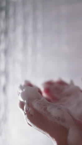 woman blows foam out of hands beside shower water closeup. lady enjoys game with soft soap froth taking bath in home washroom. bathroom rituals