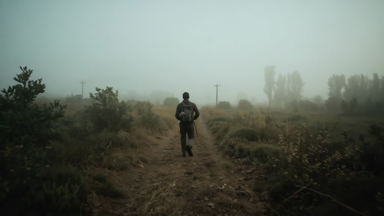 Walking man wearing dark jacket with backpack along dirt track starting by lens, heading into mist