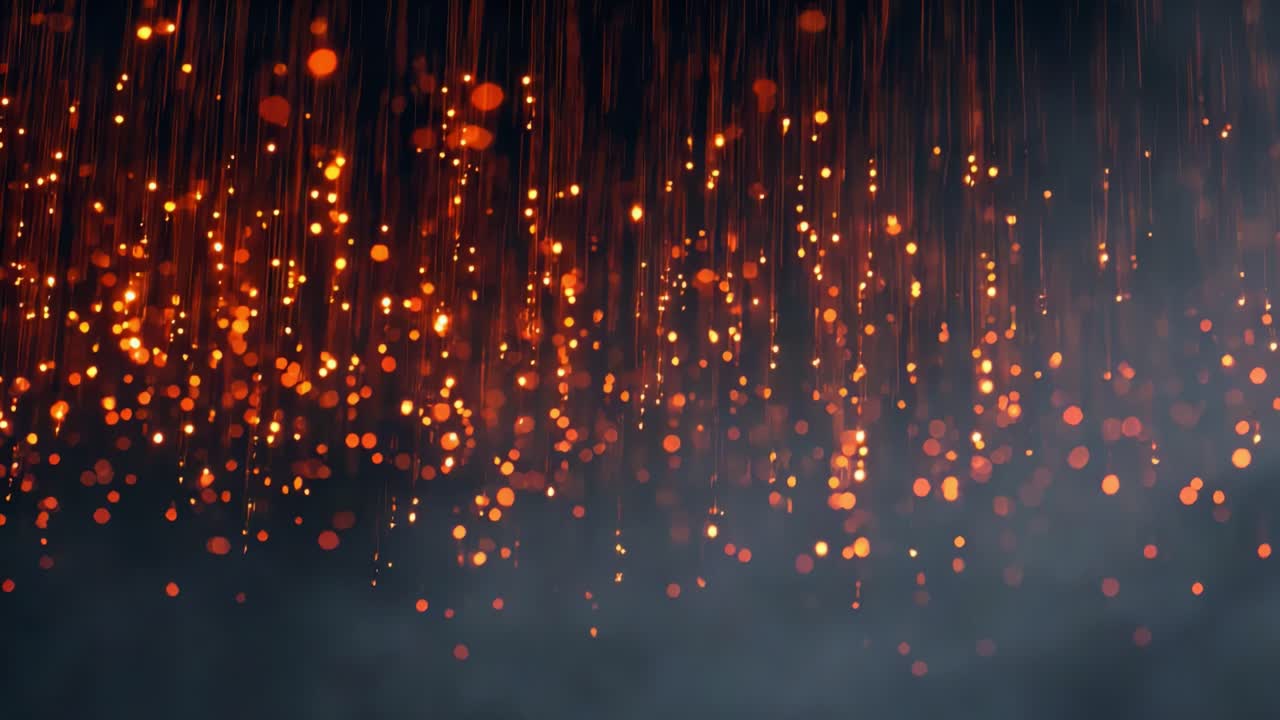 A Multitude of Warm Orange Sparks Cascading from Above, Creating a Mesmerizing Glow That Illuminates the Dark Background with a Dance of Light and Shadow Effect