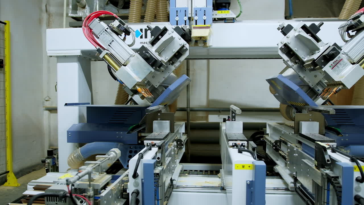 Automated equipment inside the workshop. Modern industrial device for doors production. Door industry concept.