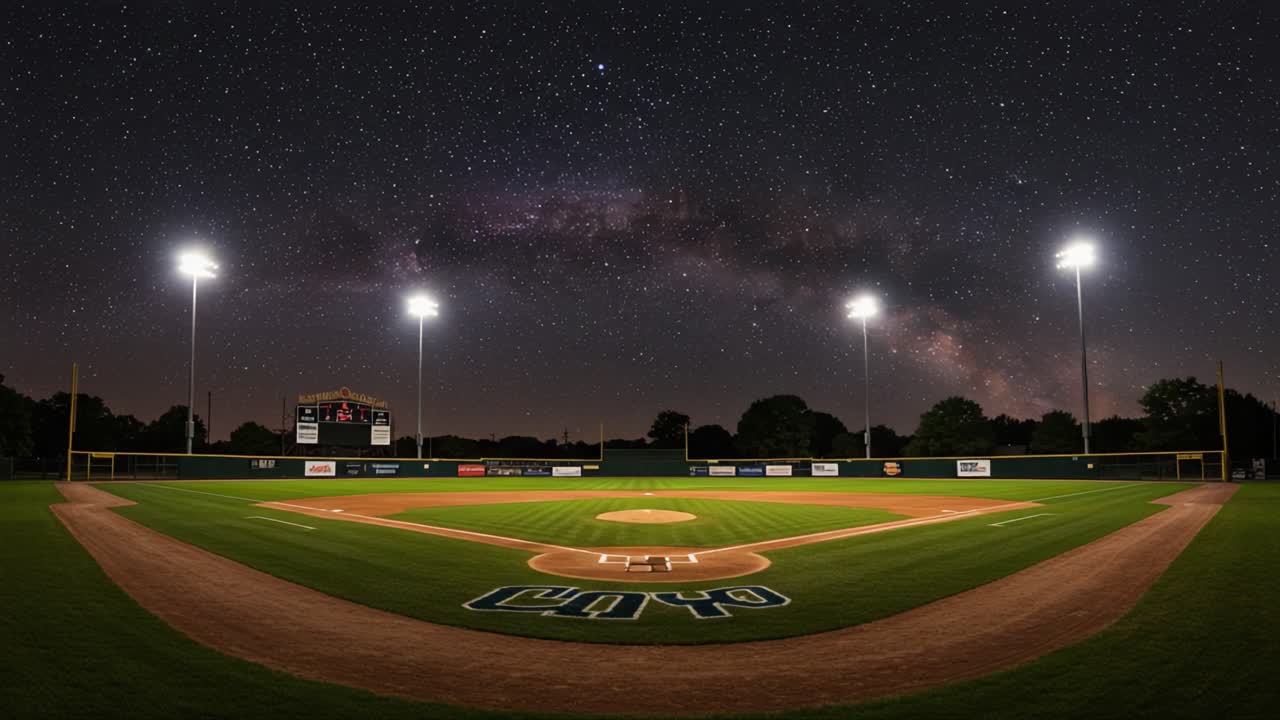 A Majestic Night Over the Baseball Field: Stars and Milky Way Illuminate the Sky Above the Diamond in a Stunning Display of Nature's Beauty