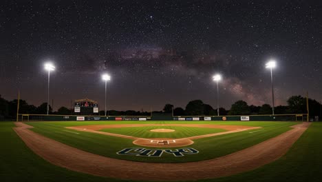 a majestic night over the baseball field: stars and milky way illuminate the sky above the diamond in a stunning display of nature's beauty