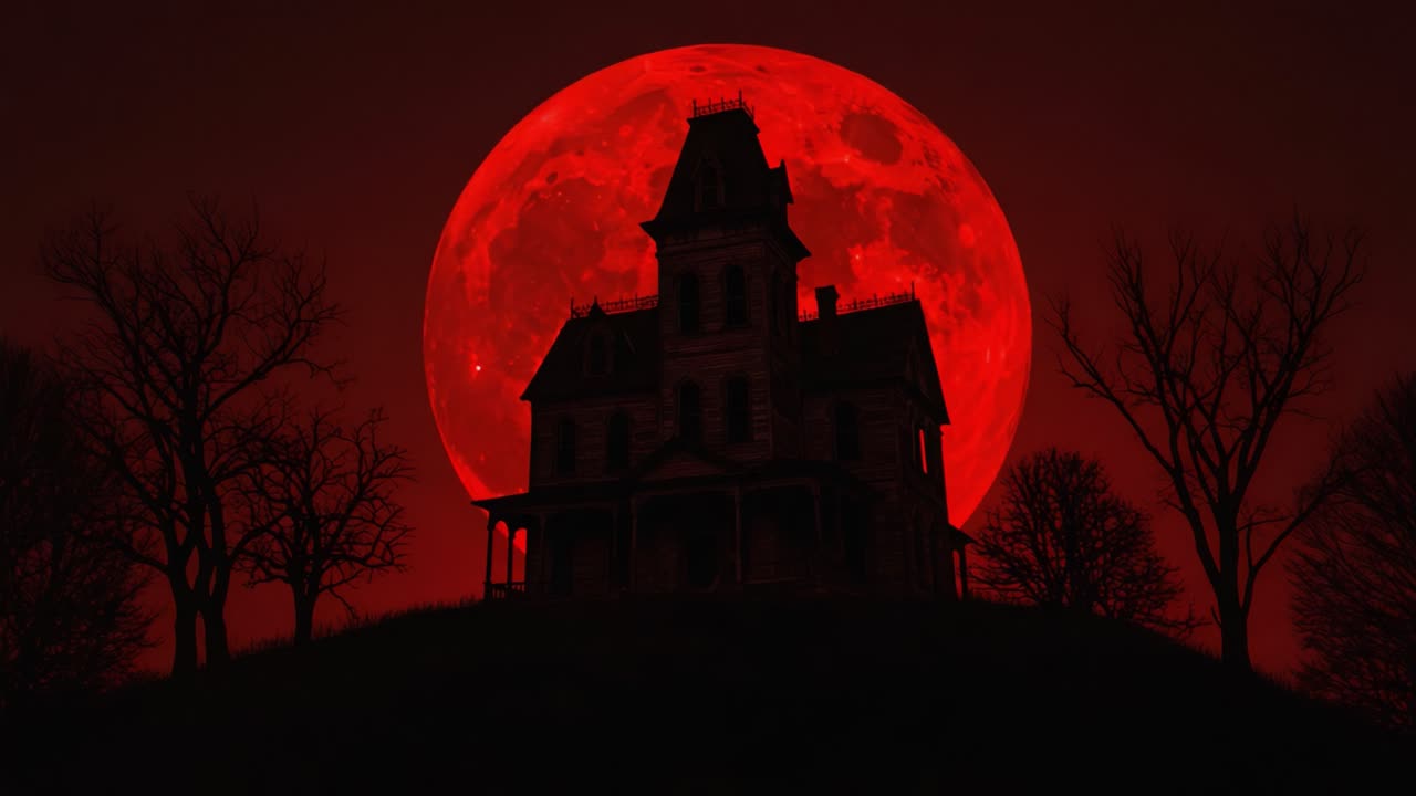 Spooky Full Moon Over Haunting Victorian Mansion Silhouetted Against a Blood-Red Sky, Creating an Eerie Atmosphere Perfect for Halloween Night