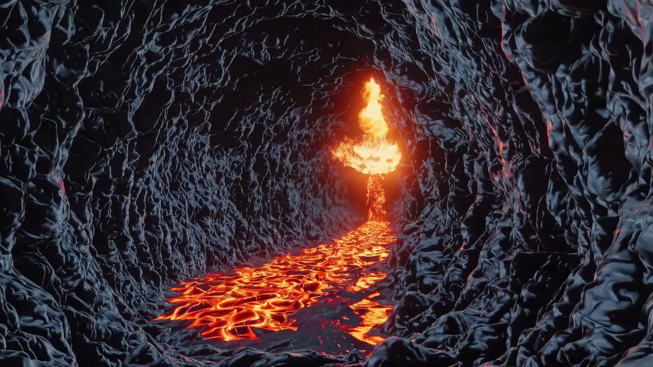 Lava Flowing Through a Dark Cave
