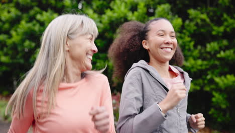 nature, fitness and women running in park