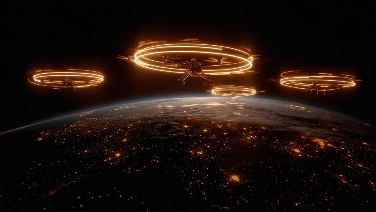 Futuristic unmanned aerial vehicle squadron flying in formation over the Earth's illuminated cities at night, representing global surveillance, advanced technology and futuristic warfare concepts
