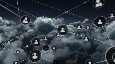 animación de la red de conexiones con iconos sobre el cielo