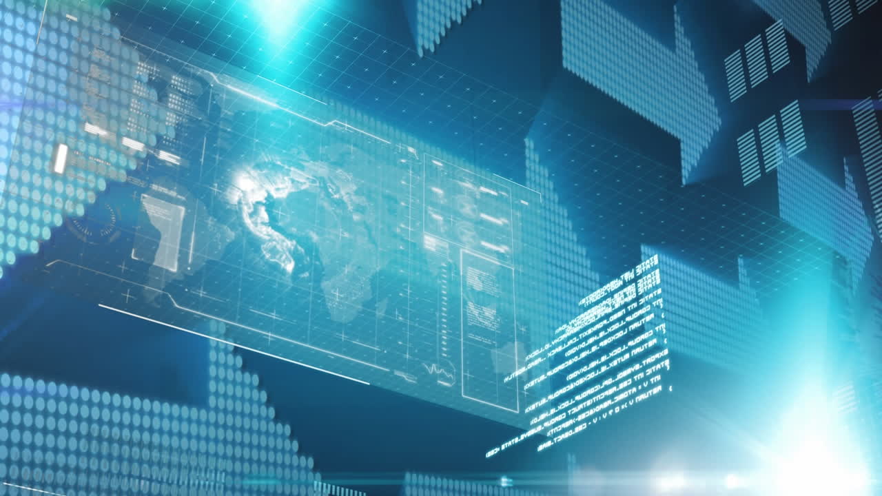 회전하는 지구와 화면에서 움직이는 정보와 함께 픽셀 화살표의 애니메이션