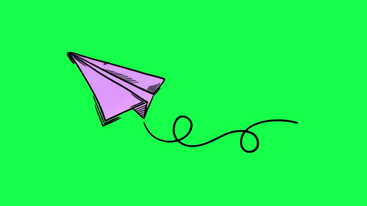 Illustrazione di aereo di carta viola, video 4K trasparente, schermo verde.