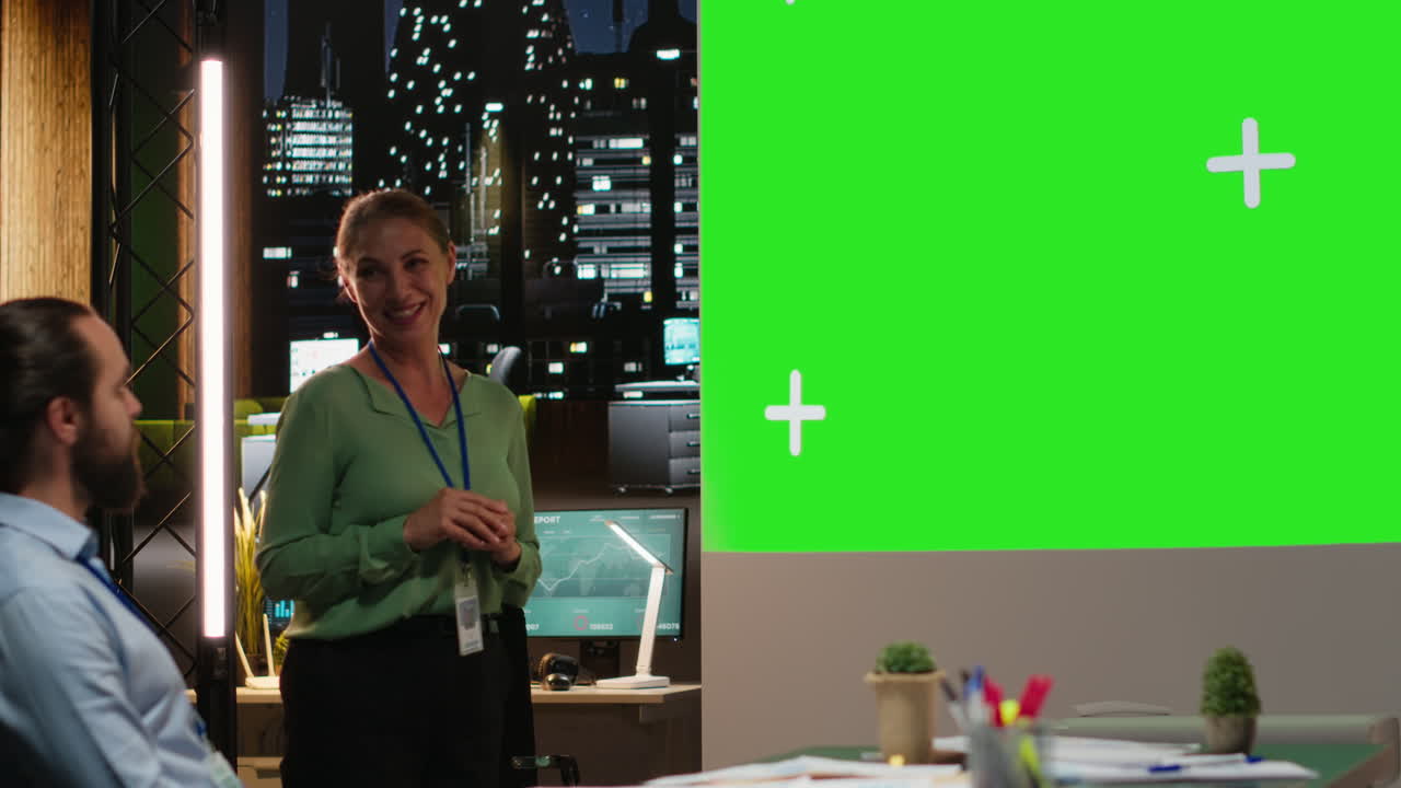 Diverse experts group gather for a corporate event with isolated screen