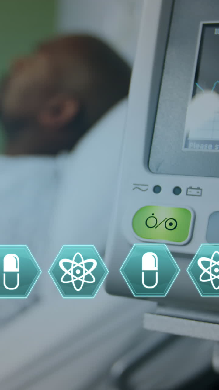 animación de diversos iconos que se mueven sobre diversos médicos y pacientes en el hospital